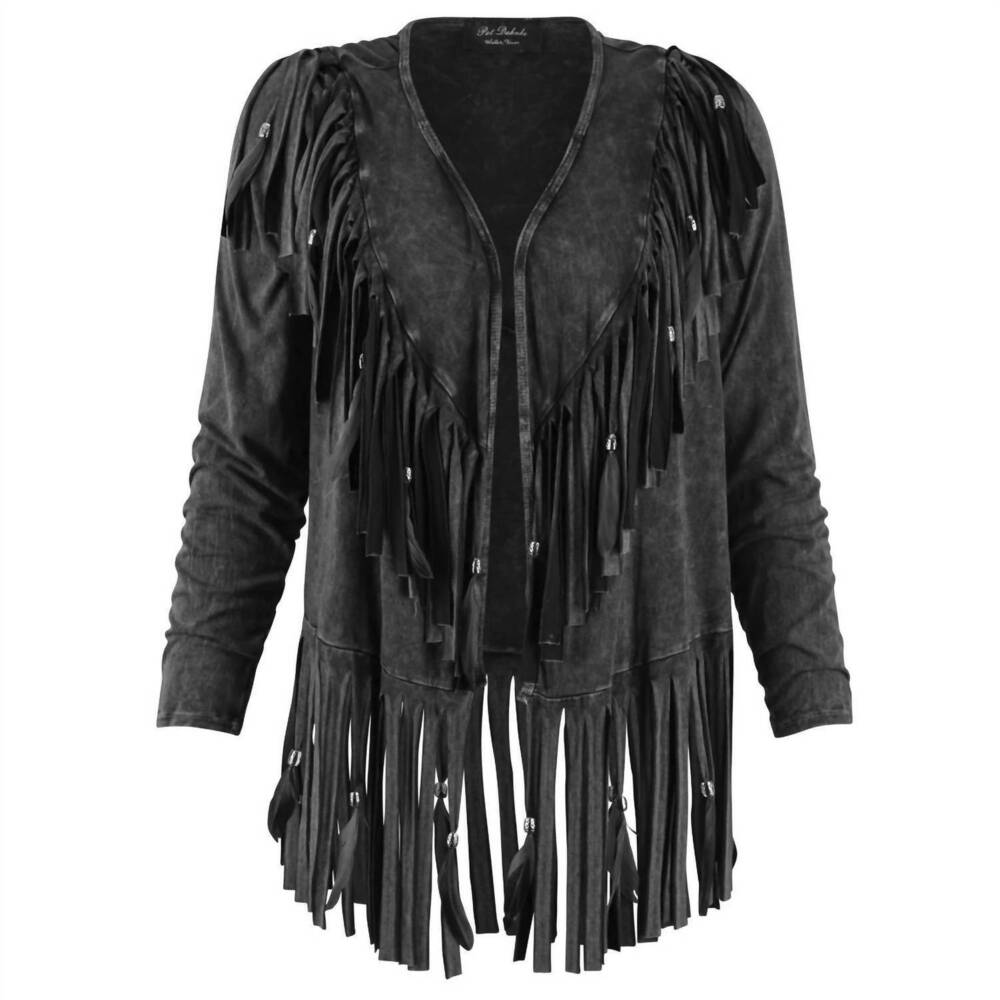 NEW PAT DAHNKE women's short v back fringed and feathered jacket in black
